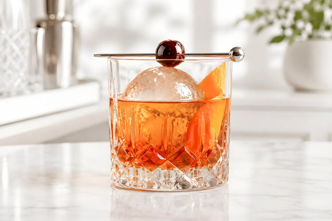 cocktail pick resting across the rim of an Old Fashioned