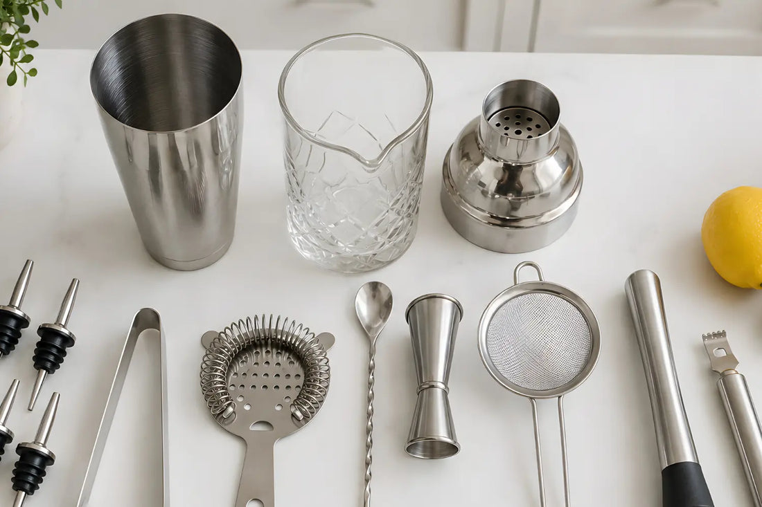 Essential home bar tools arranged on a counter