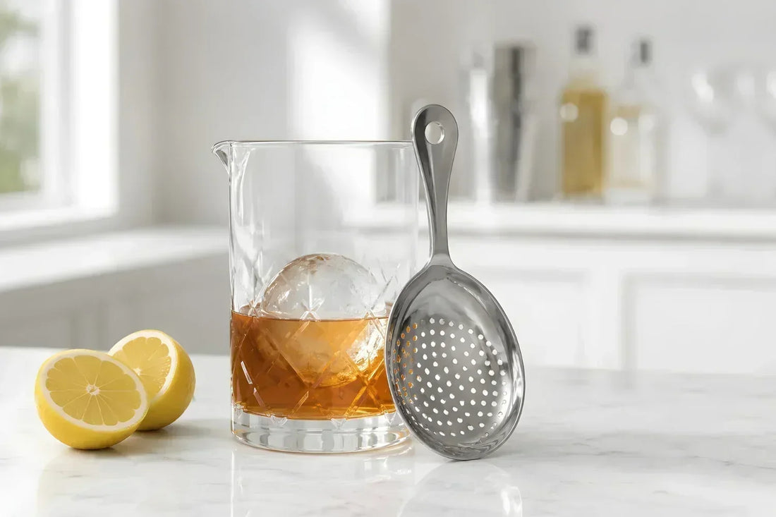 Julep strainer resting beside a mixing glass filled with whiskey