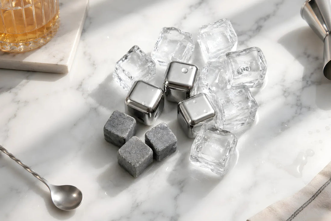 stainless steel ice cubes, regular ice, and whiskey stones are placed together