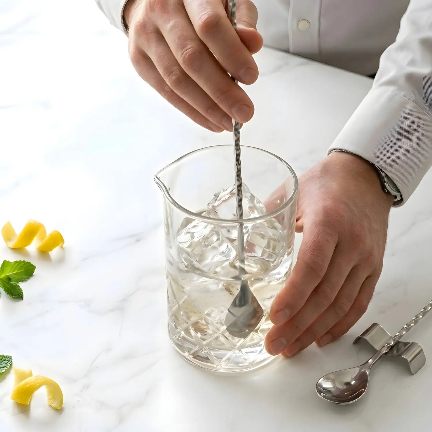 A home bartender stirring a cocktail with a bar spoon