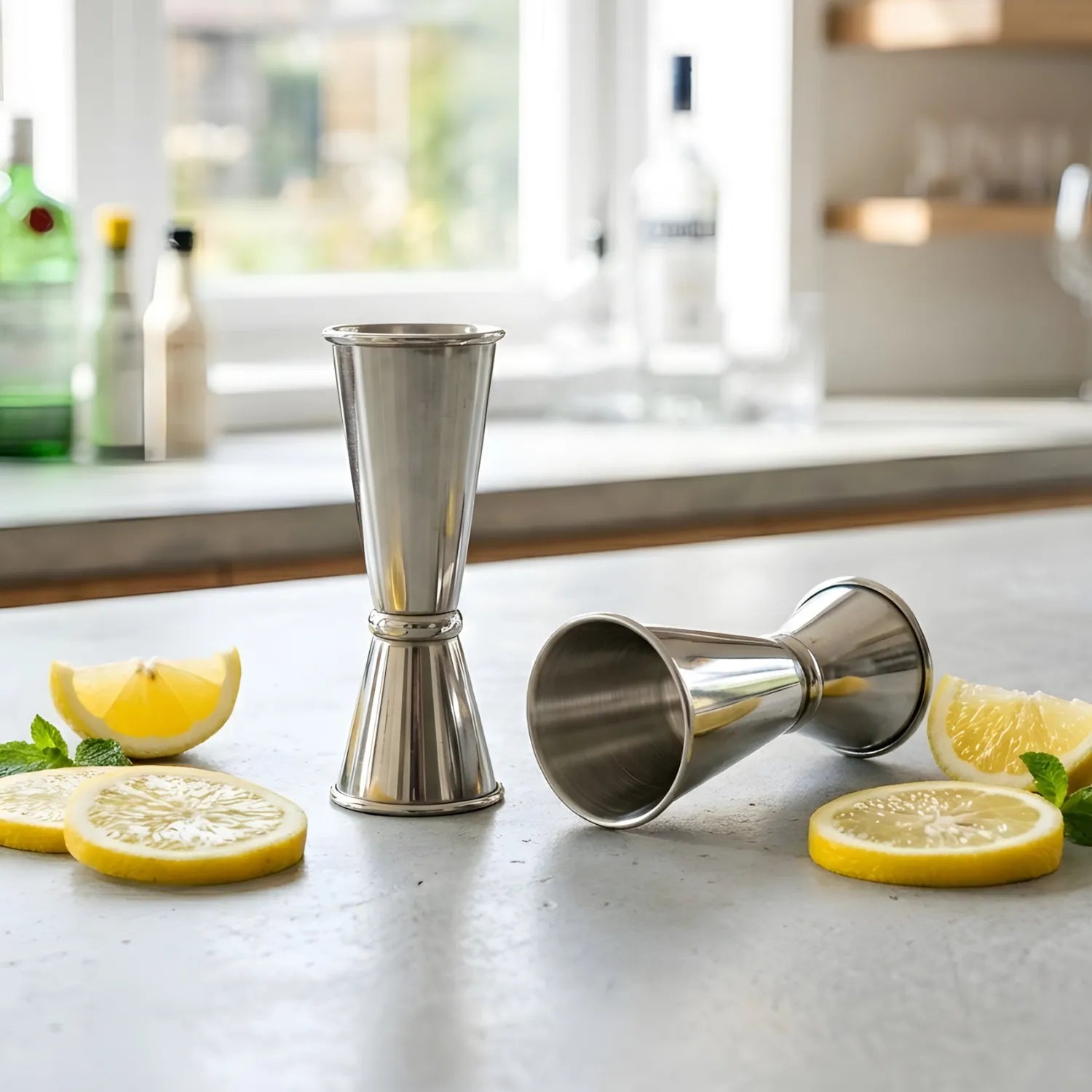 Two cocktail jiggers on a bar counter