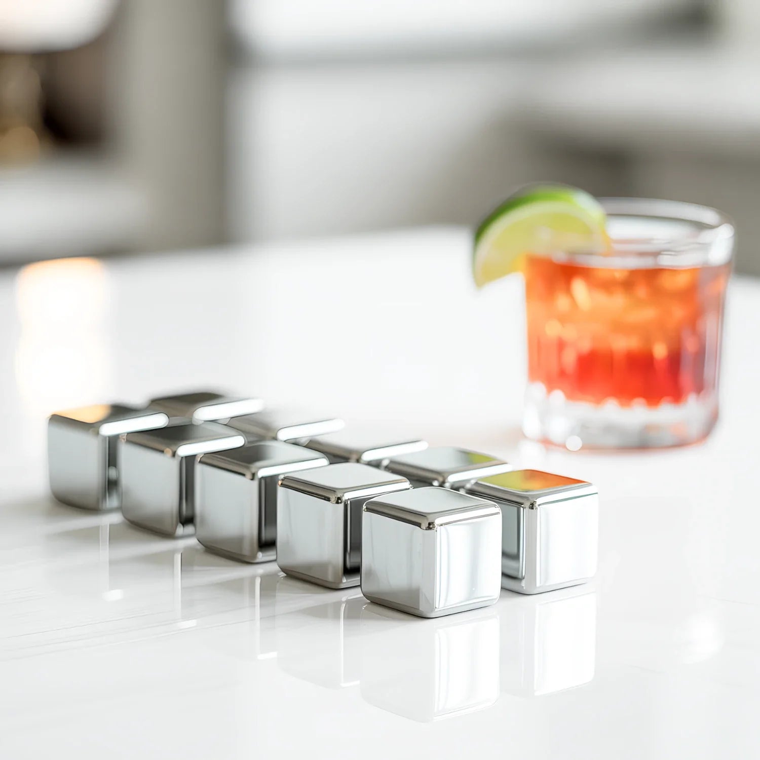 Several stainless steel ice cubes shining