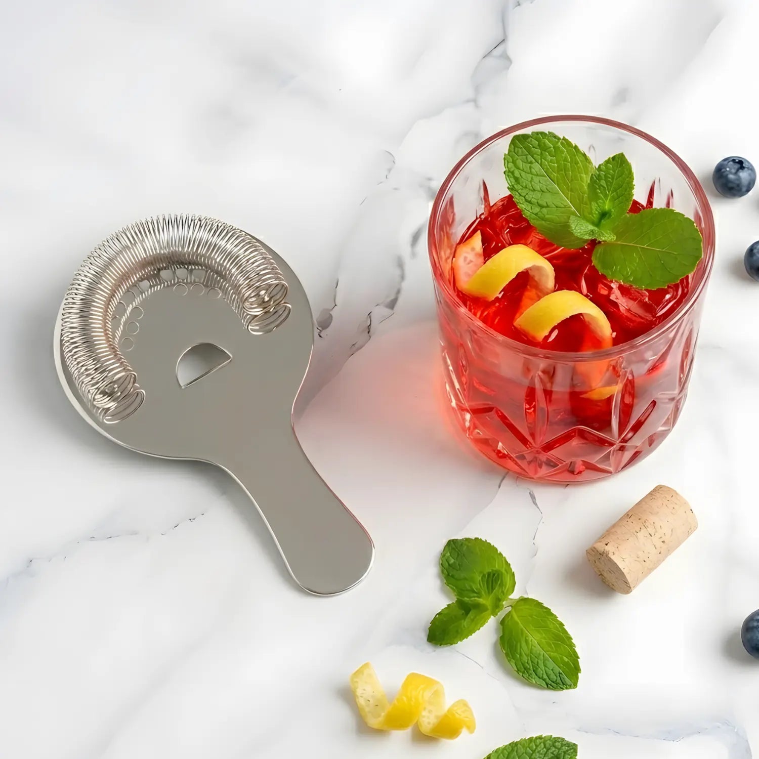 Strainer next to a cocktail glass