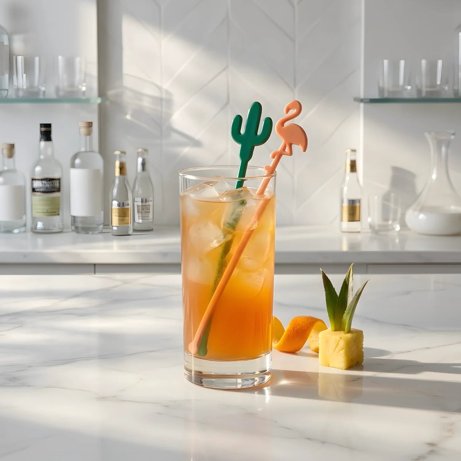 Two creative swizzle sticks in a tropical cocktail