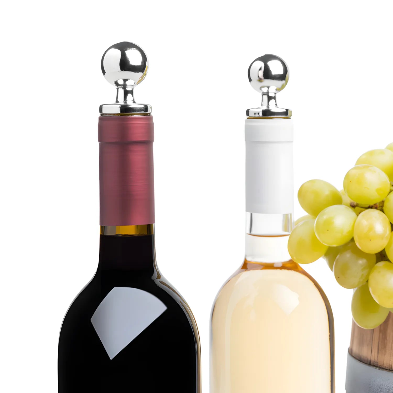 Two wine bottles with two stoppers