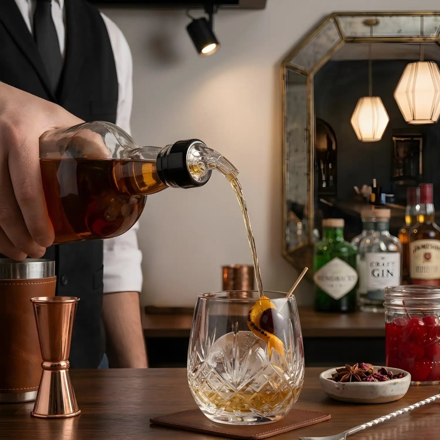 1.5 oz measured pourer in use at a bar