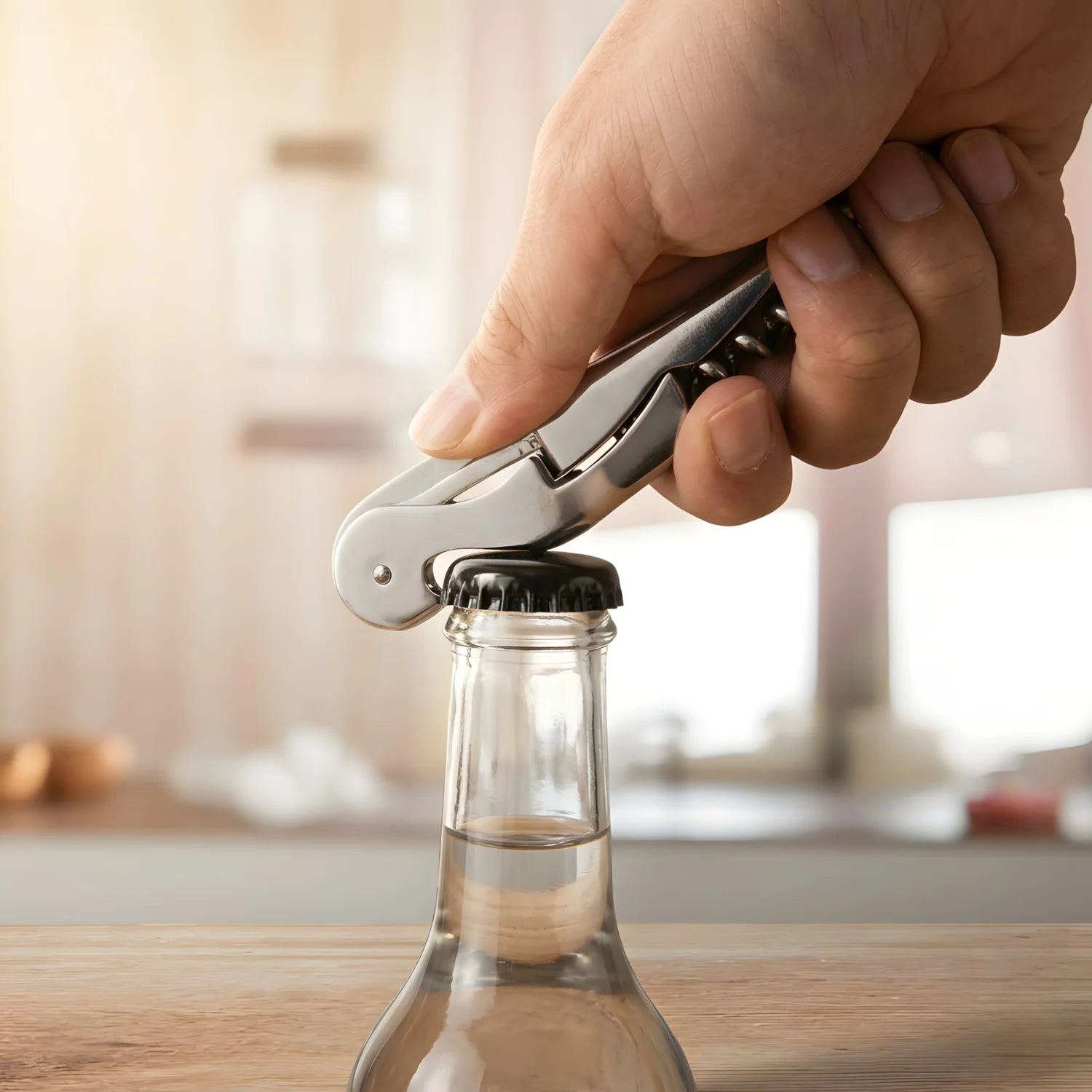opening a bottle of beer with a wine key