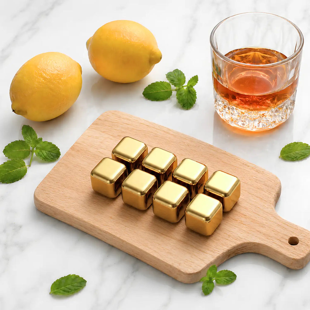 8 gold stainless steel ice cubes on home bar counter