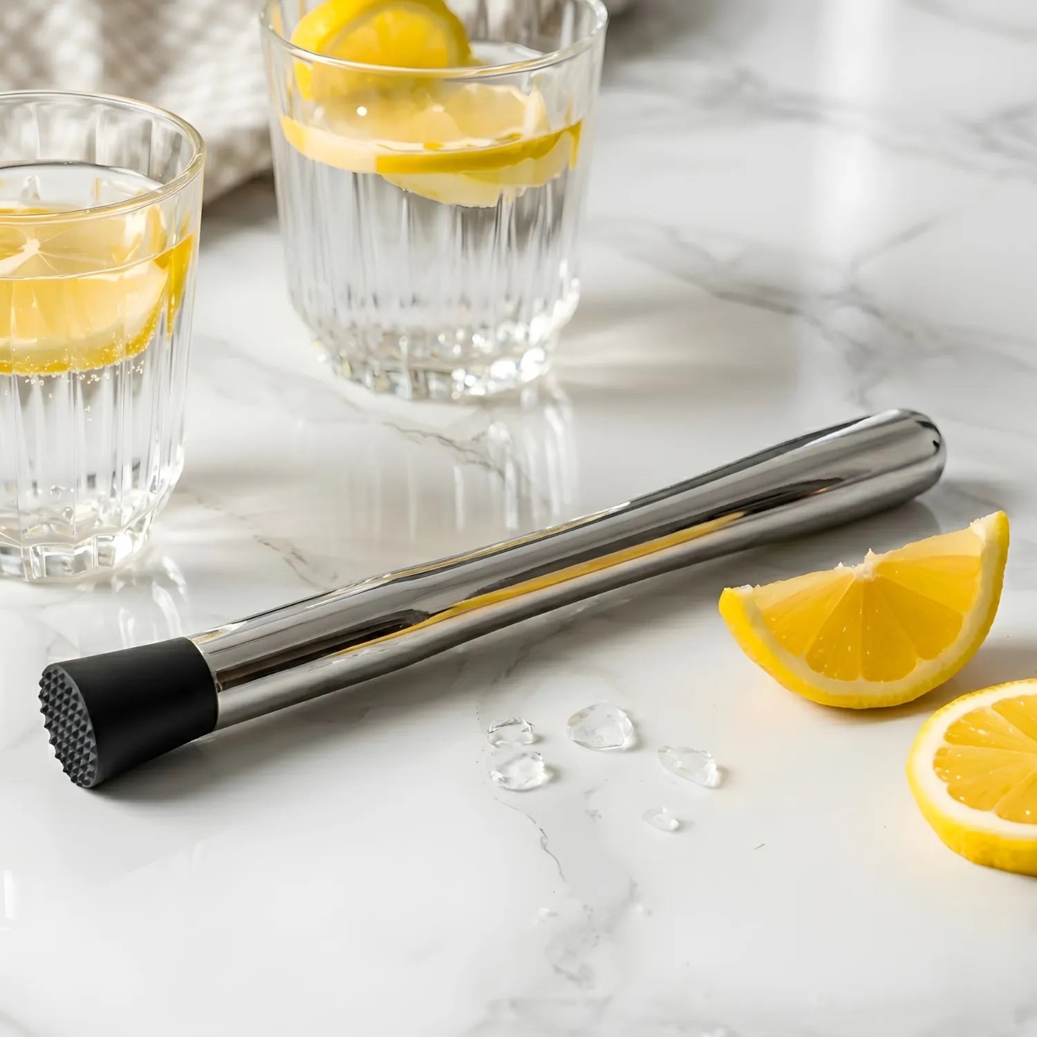 rubber head muddler on a home bar counter
