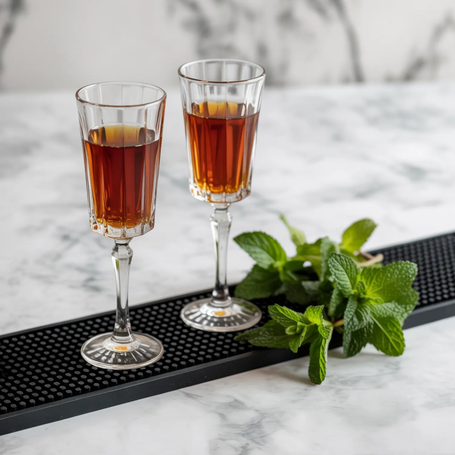 two cocktails placed on a bar rail mat