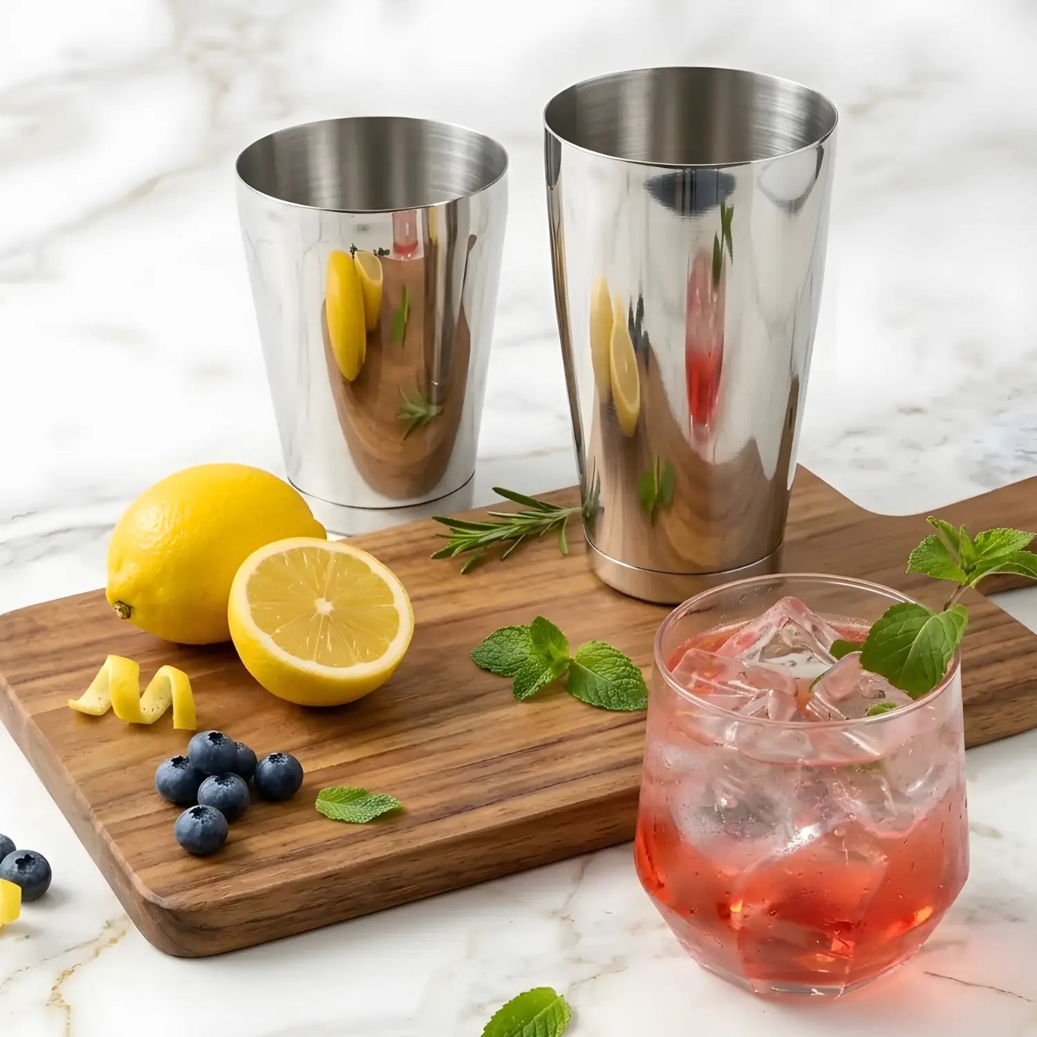 Boston shaker tins on home bar counter