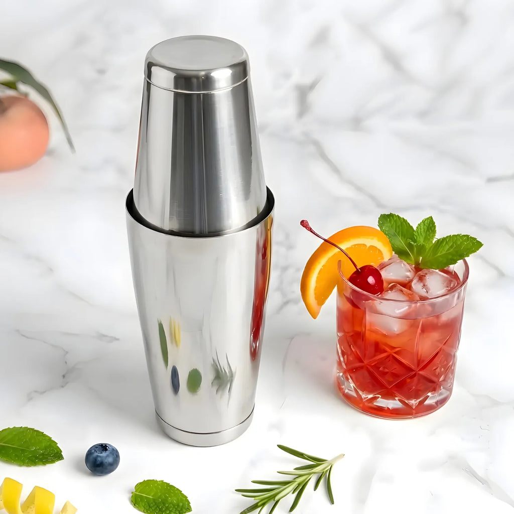 Boston shaker placed next to a finished cocktail