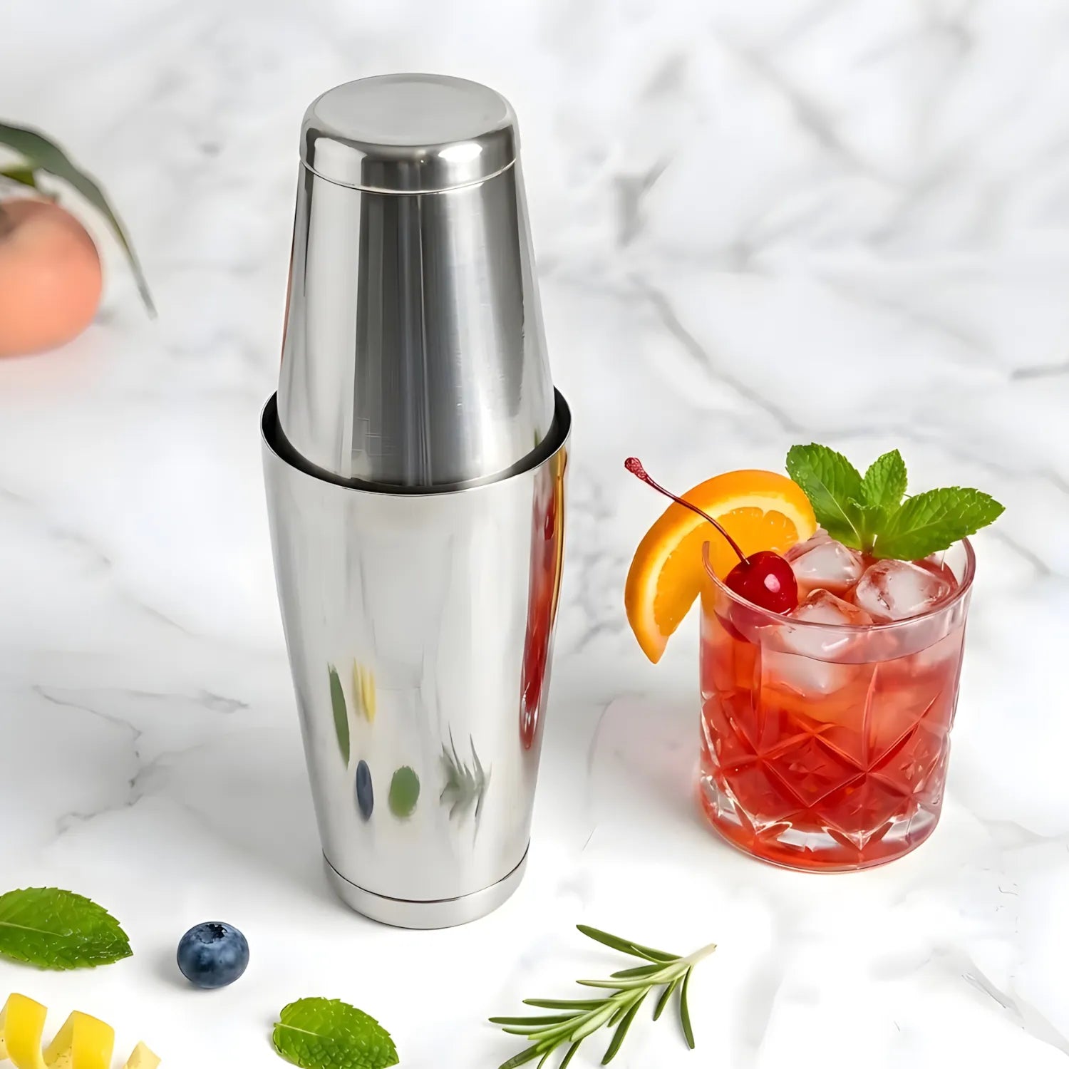 Boston shaker placed next to a finished cocktail