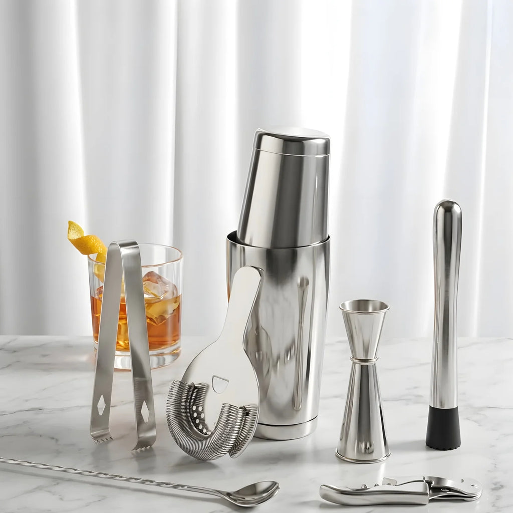 8-piece Boston shaker cocktail set on a home bar counter