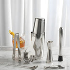 8-piece Boston shaker cocktail set on a home bar counter