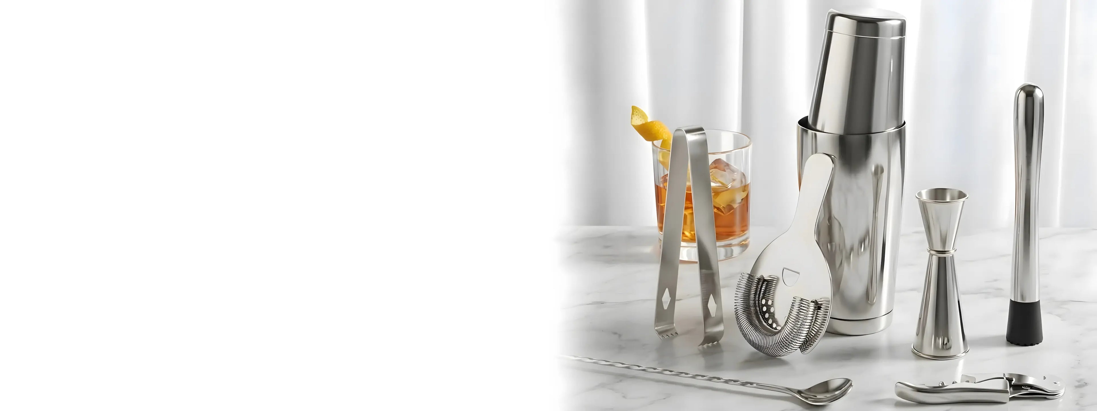 A complete Boston shaker set on a home bar counter