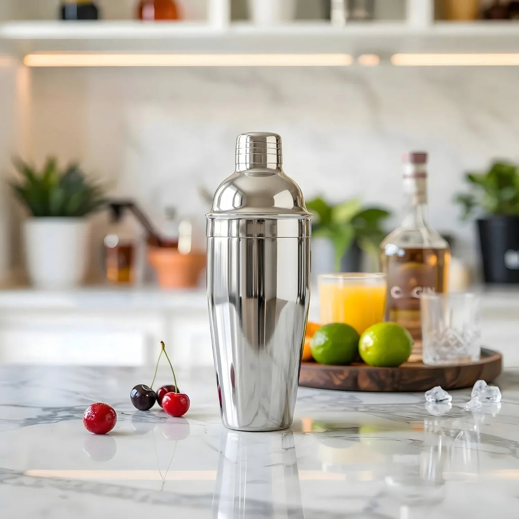 cobbler shaker on a home bar counter