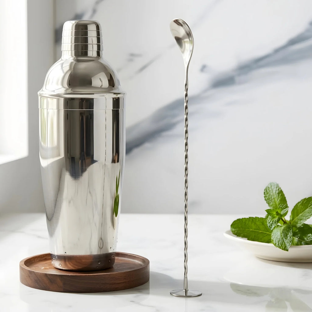 3-piece cobbler shaker cocktail set includes a bar spoon