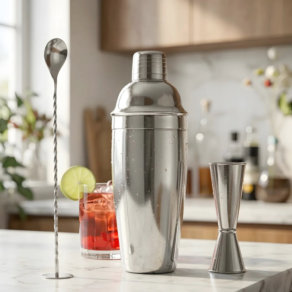 3-piece cobbler shaker cocktail set on a home bar counter