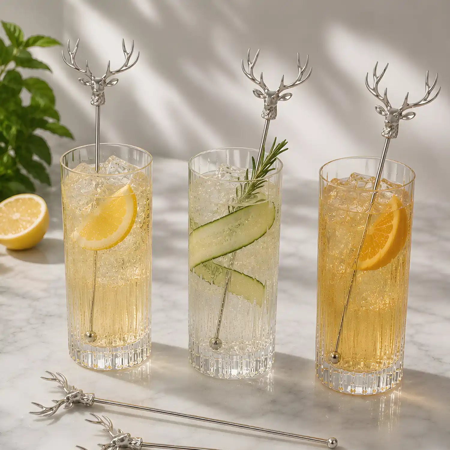 deer head swizzle sticks used as cocktail decorations