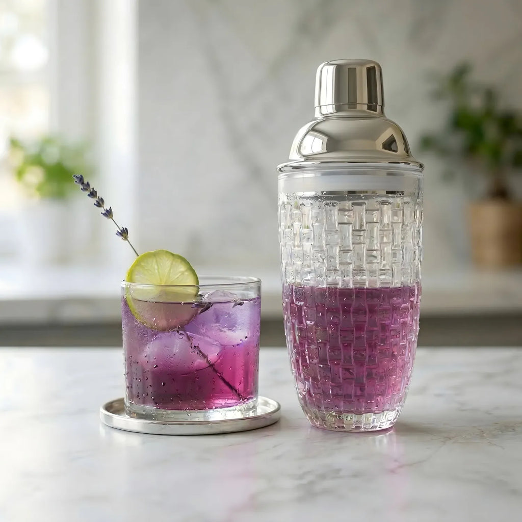 glass cocktail shaker placed next to a cocktail