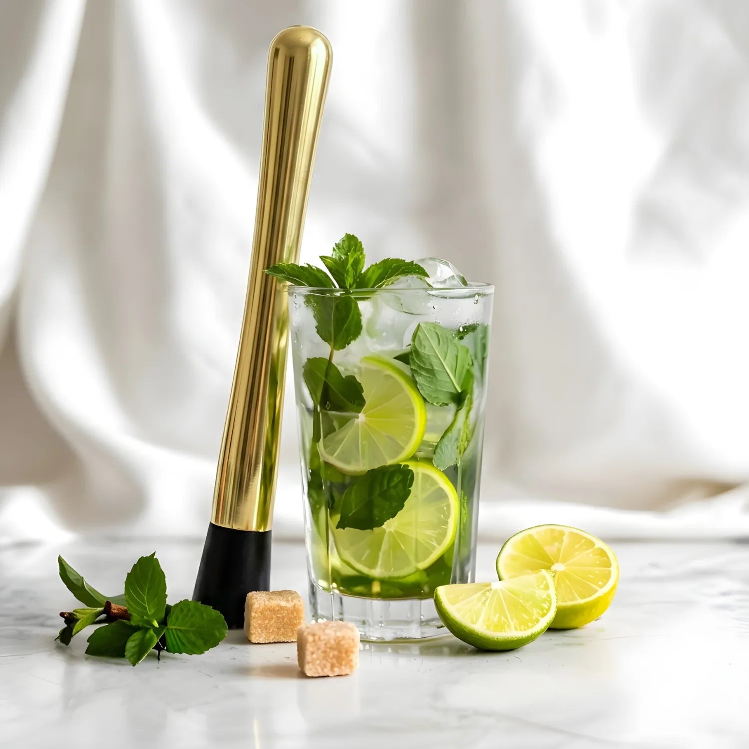 gold rubber head muddler next to a cocktail