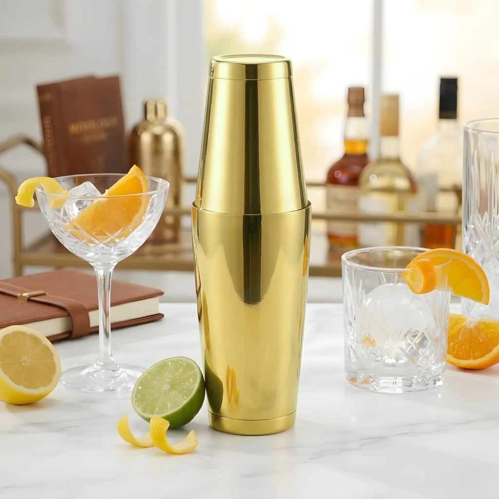 gold Boston shaker on a home bar counter