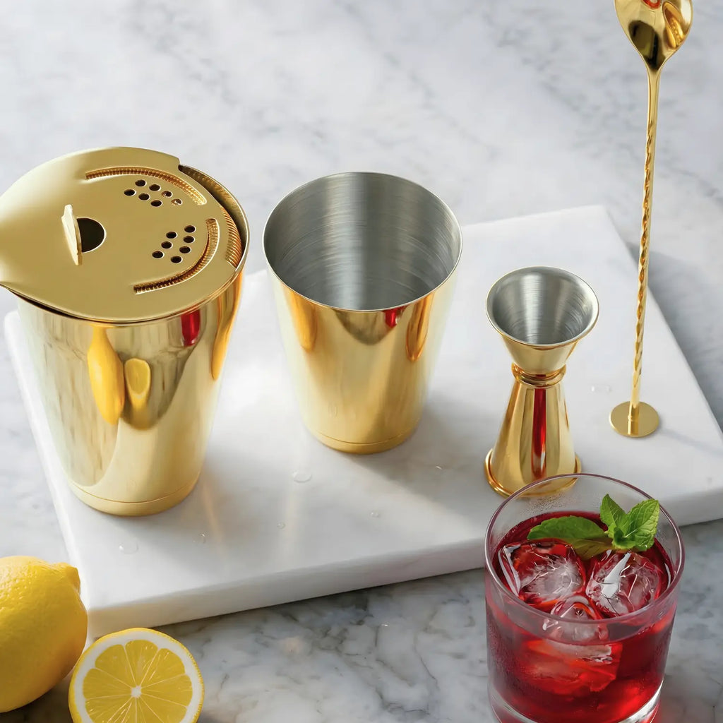 gold 4-piece Boston shaker cocktail set detail view