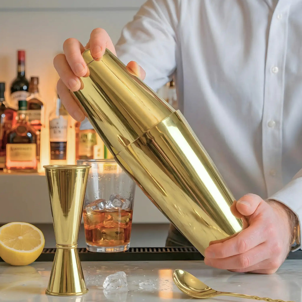 gold 4-piece Boston shaker cocktail set in use