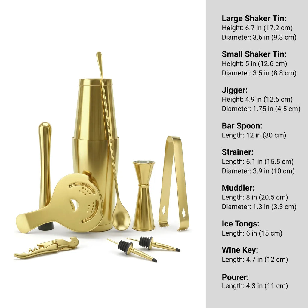 Gold Boston Shaker Cocktail Set - 8-Piece dimensions