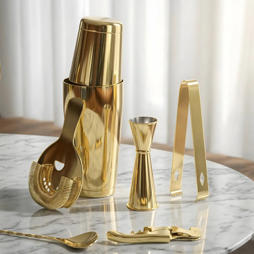 8-piece Boston shaker cocktail set on a home bar counter