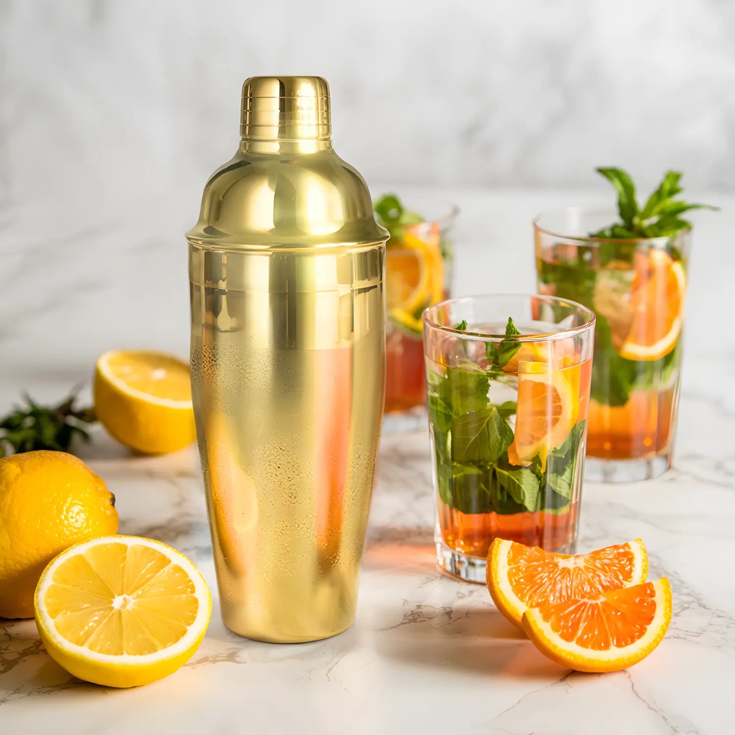 gold cobbler shaker placed next to cocktails