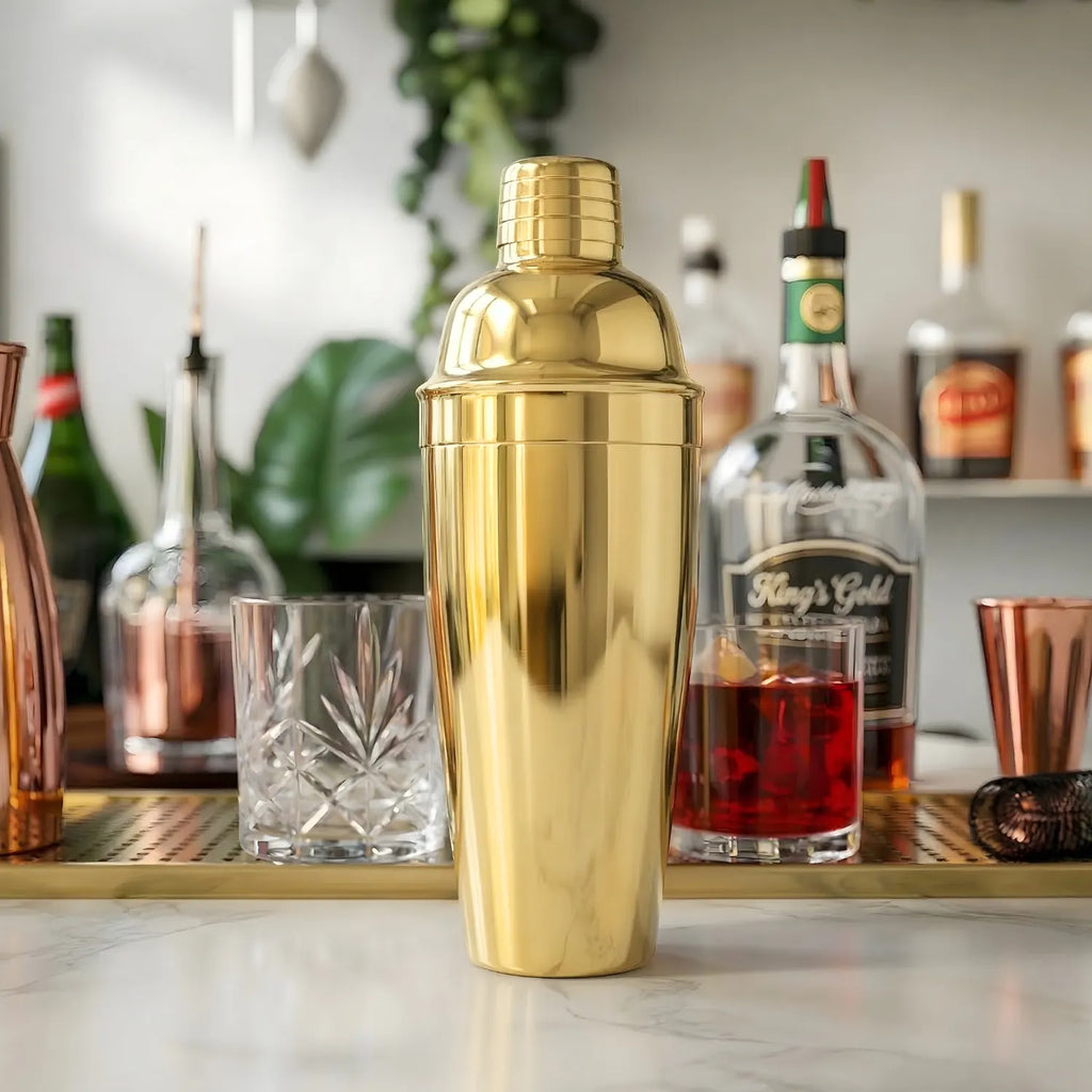 gold cobbler shaker on a home bar counter