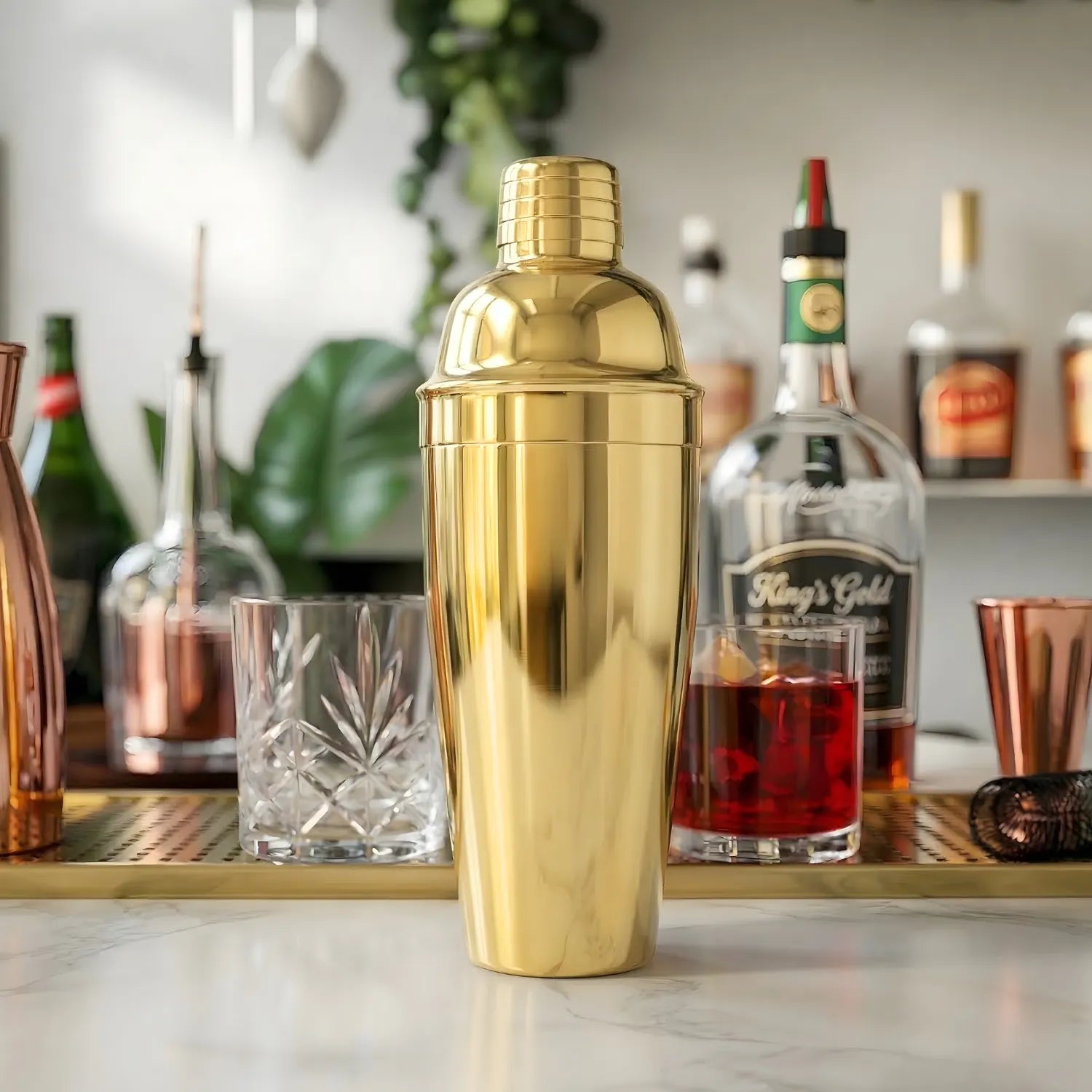 gold cobbler shaker on a home bar counter