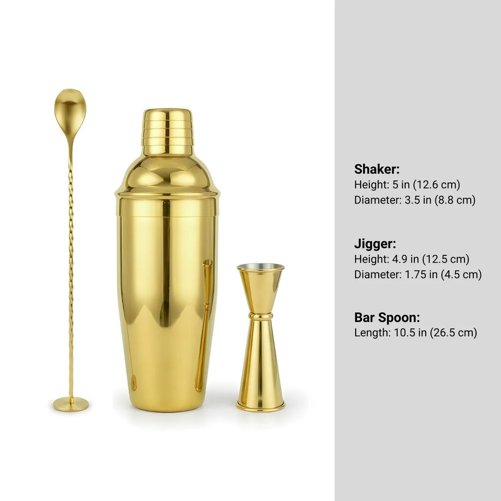 Gold Cobbler Shaker Cocktail Set - 3-Piece dimensions