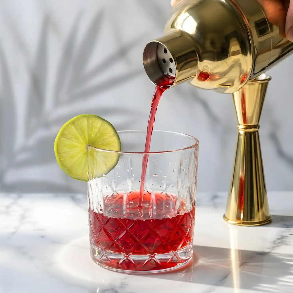 gold 3-piece cobbler shaker cocktail set in use
