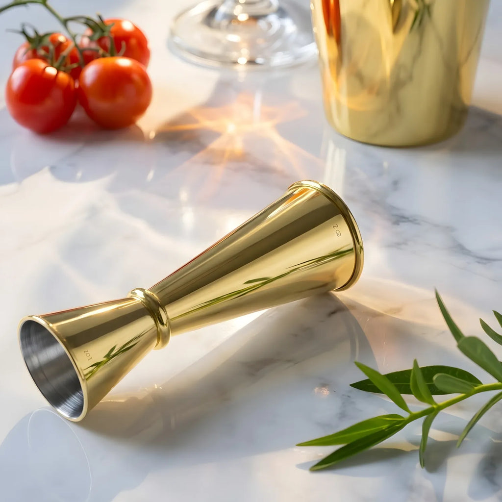 gold 3-piece cobbler shaker cocktail set includes a jigger