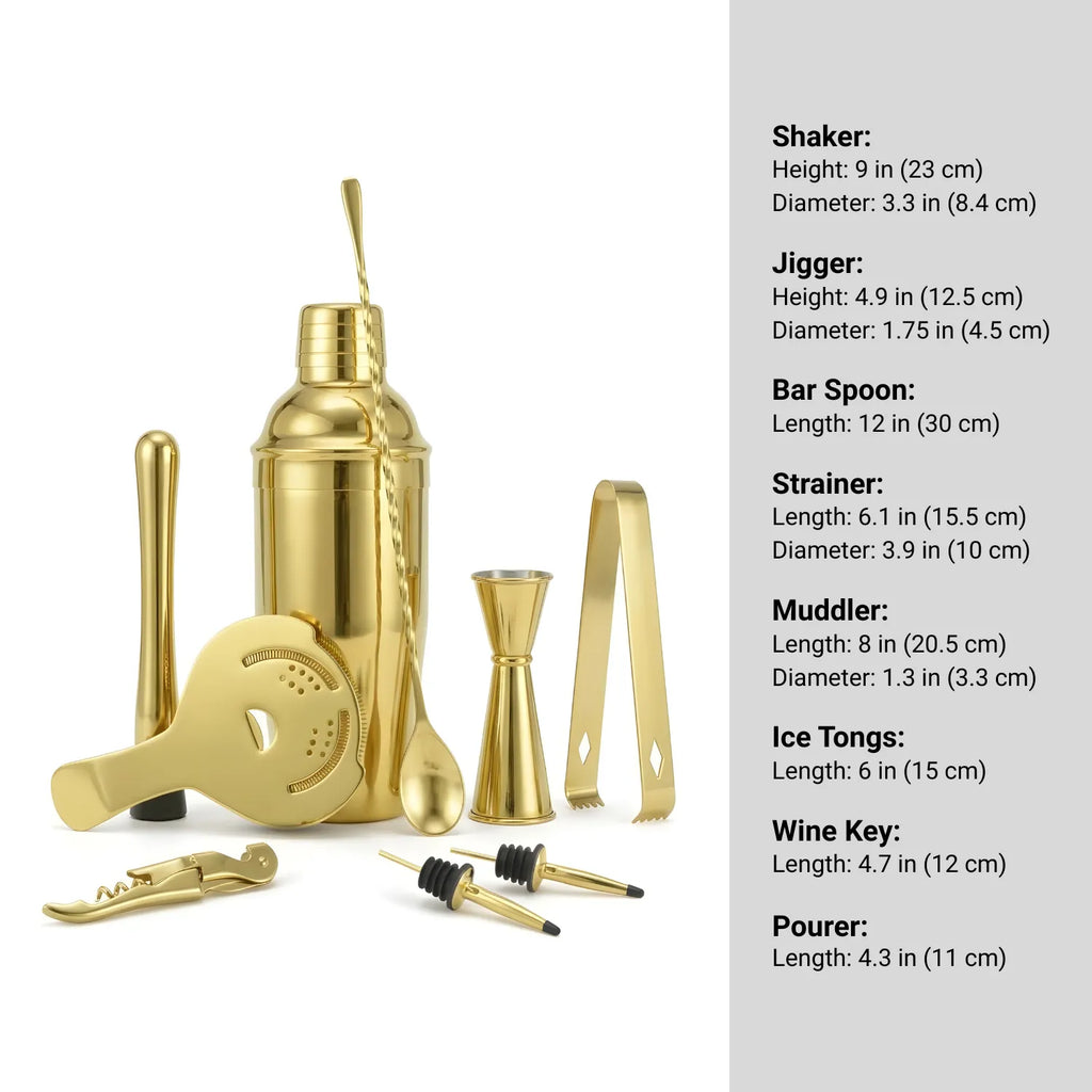 Gold Cobbler Shaker Cocktail Set - 8-Piece dimensions