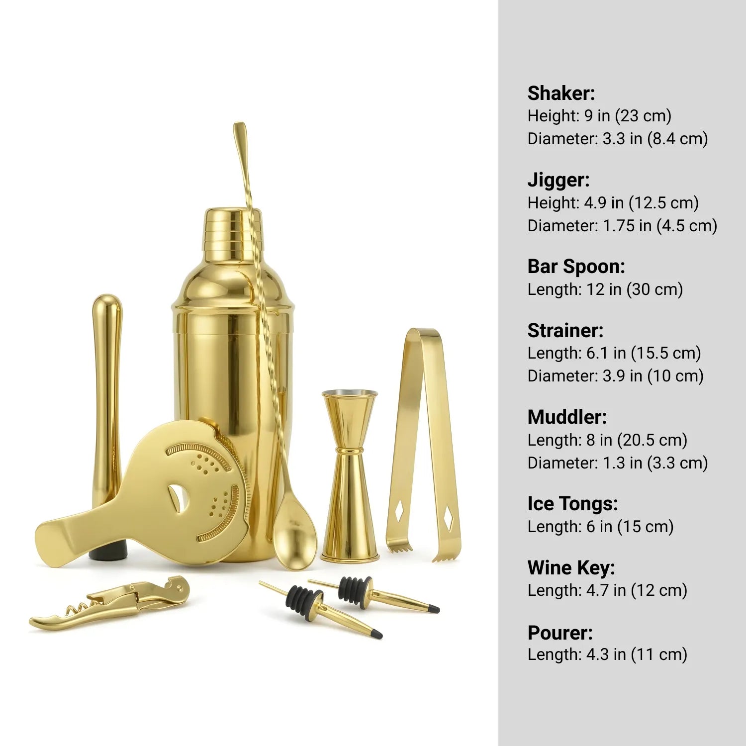 Gold Cobbler Shaker Cocktail Set - 8-Piece dimensions
