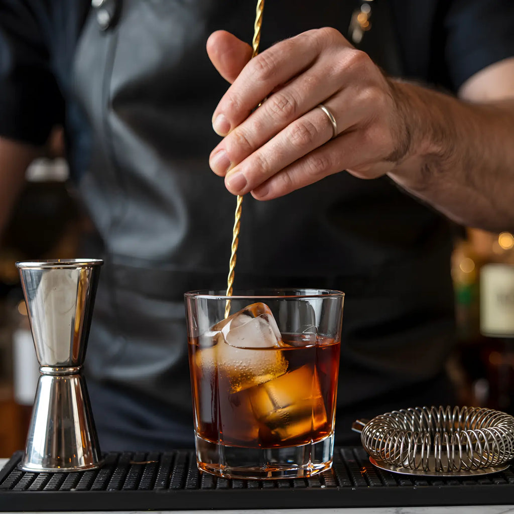 gold flat end bar spoon is stirring in a glass