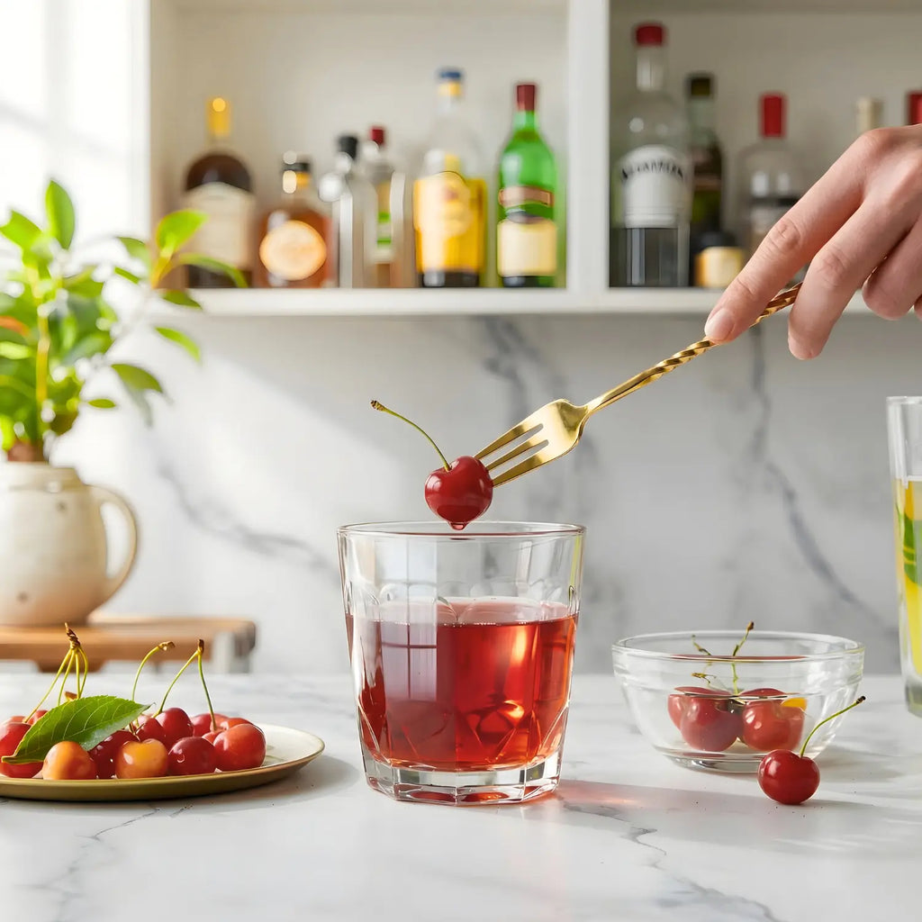 fork end bar spoon picking up a cherry