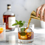 bartender pouring liquor with a gold Japanese jigger