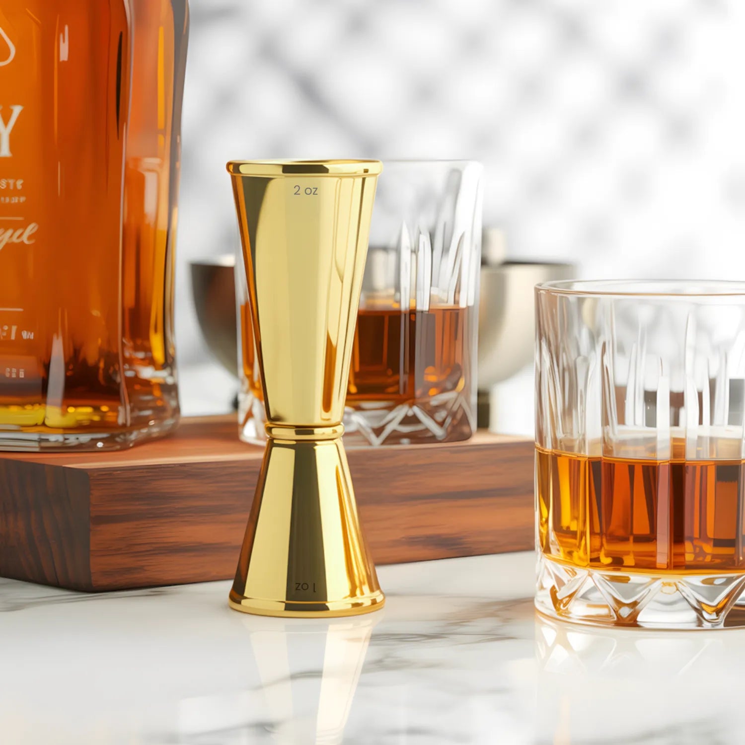 gold Japanese jigger on a home bar counter