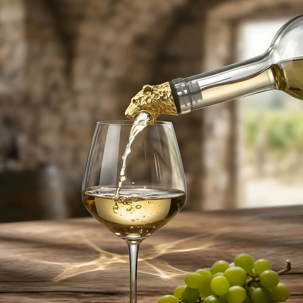 bottle with a gold leopard pourer in use
