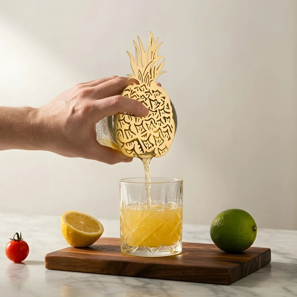 Bartender straining cocktail with a gold pineapple strainer