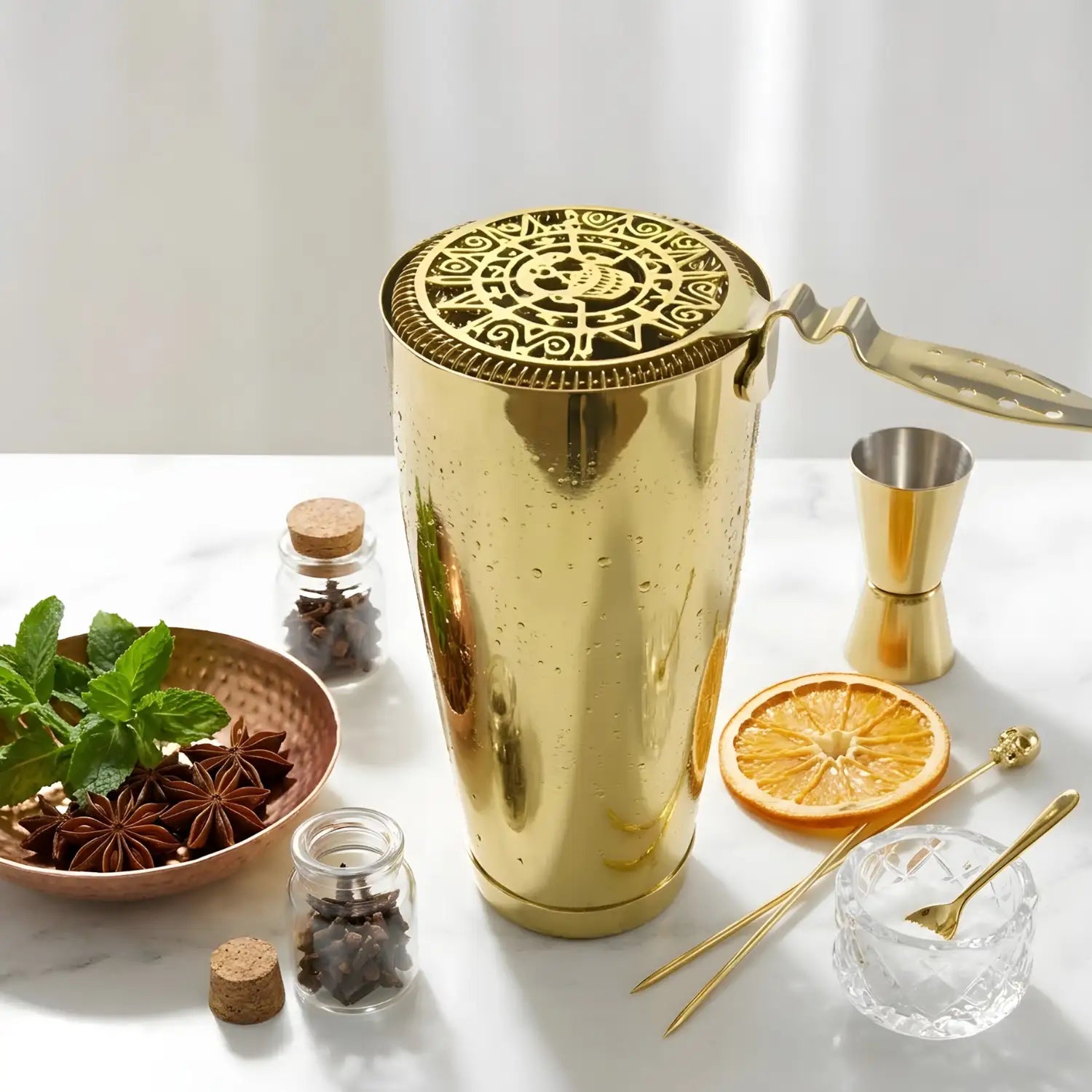 gold skull strainer resting on a shaker tin