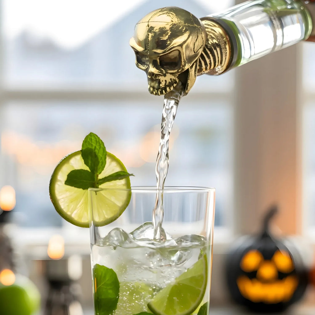 bottle with a gold skull pourer in use