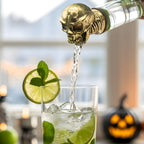 bottle with a gold skull pourer in use
