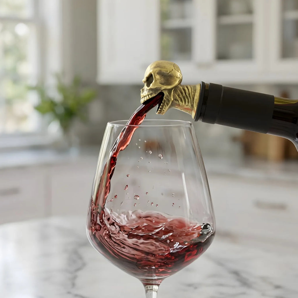 skull pourer pouring wine from a bottle
